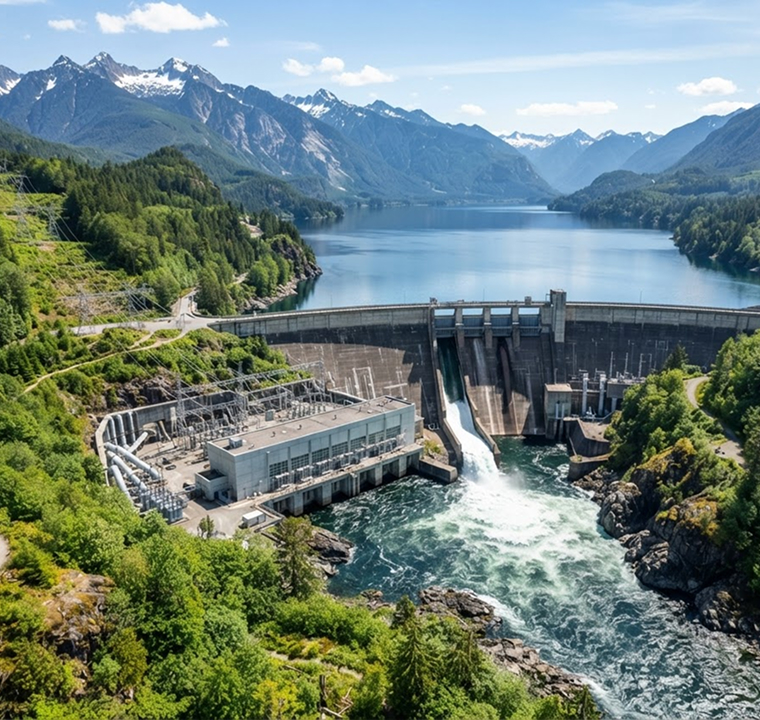 Hydroelectric dam and power station in a mountain valley